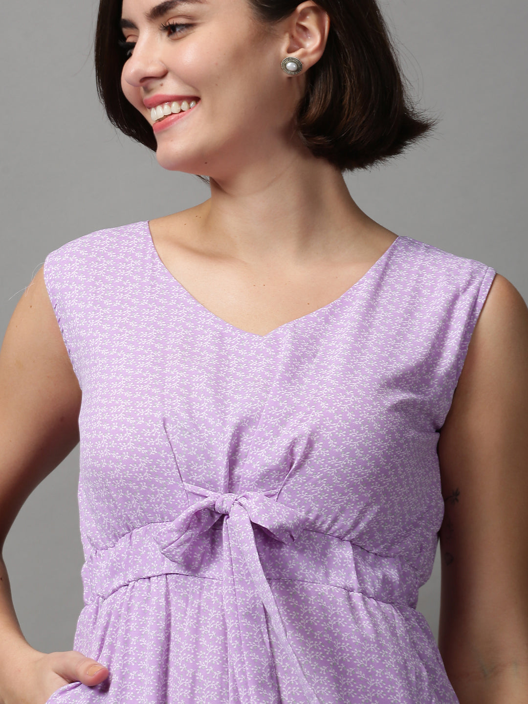 Women's Purple Printed V-Neck Sleeveless Basic Jumpsuit