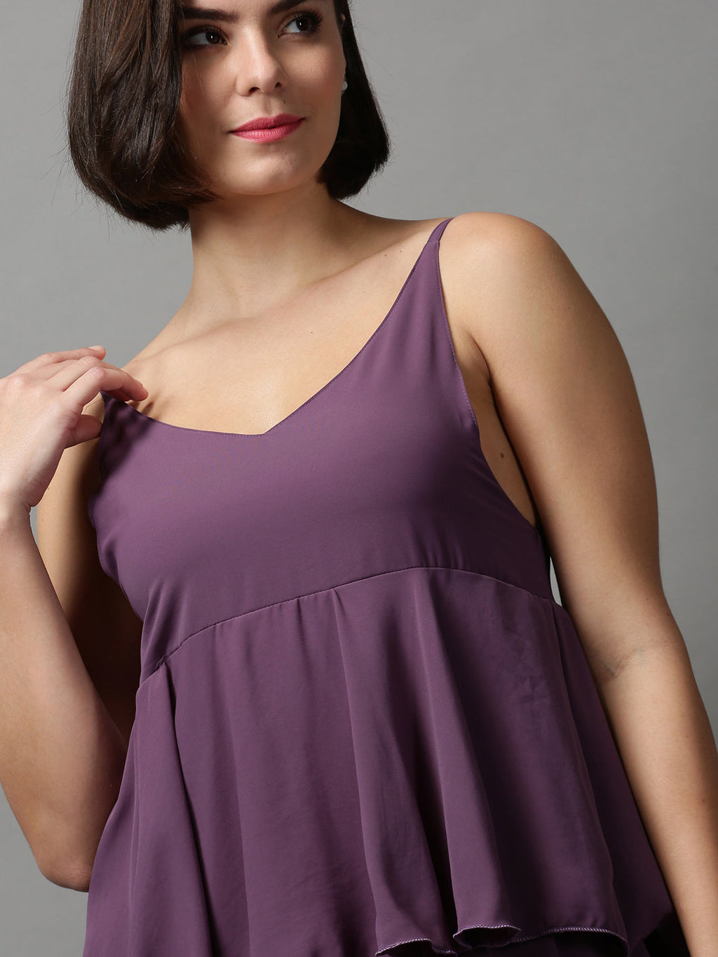Women's Violet Solid Layered Crepe Empire Midi Dress