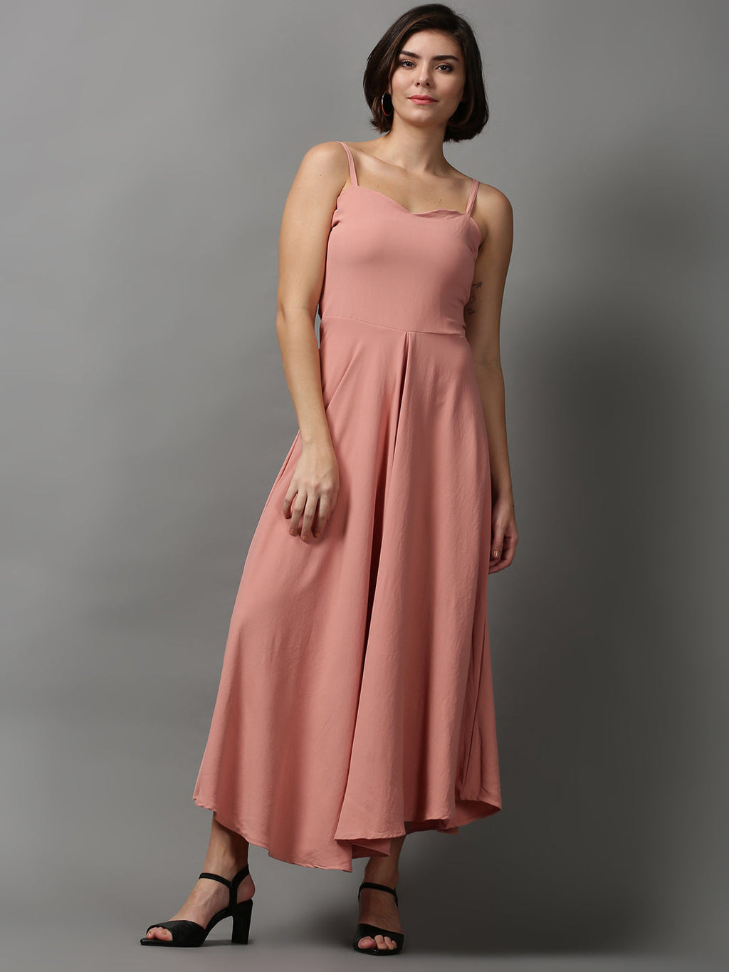 Women's Peach Solid A-Line Maxi Dress