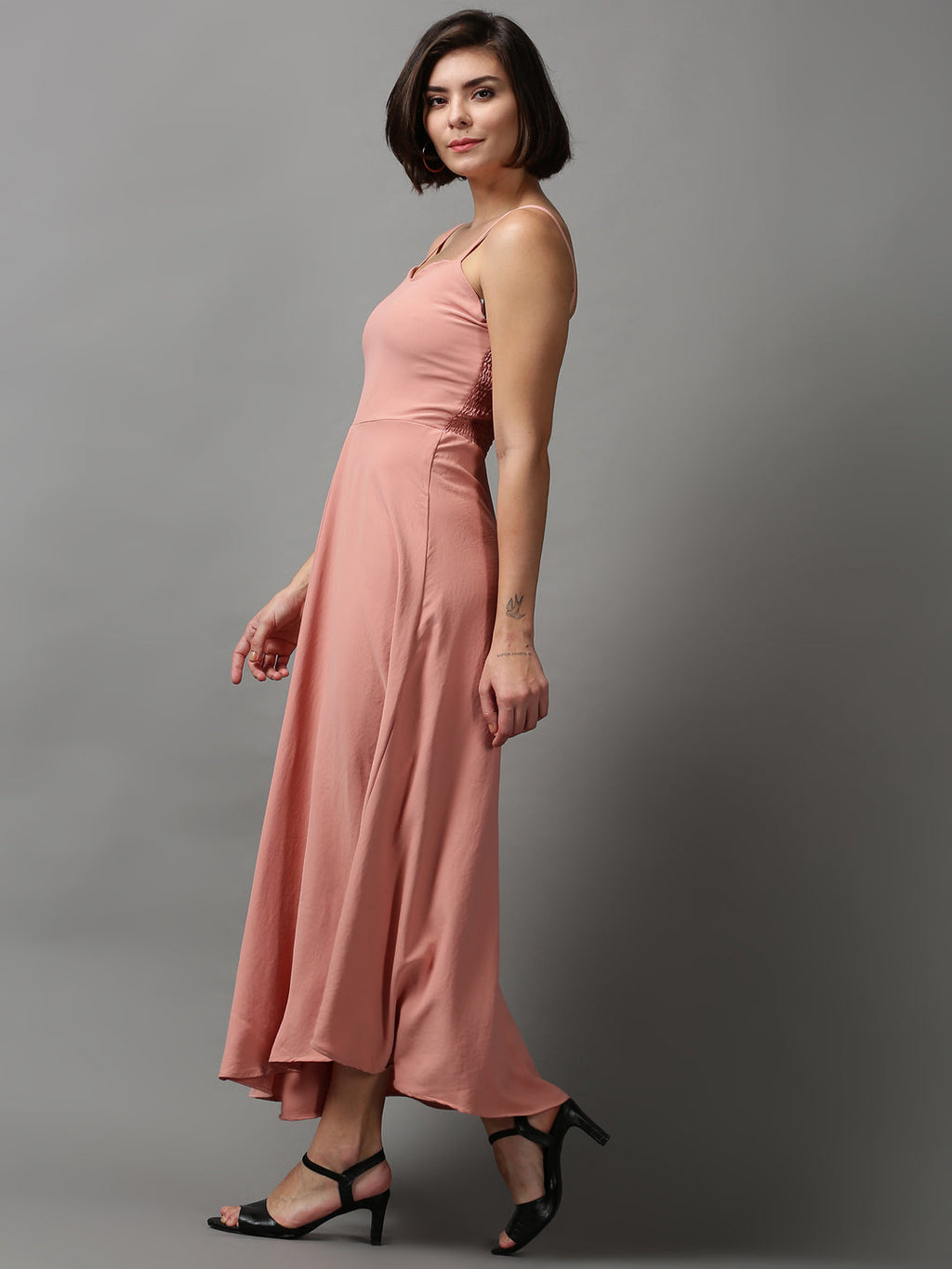 Women's Peach Solid A-Line Maxi Dress