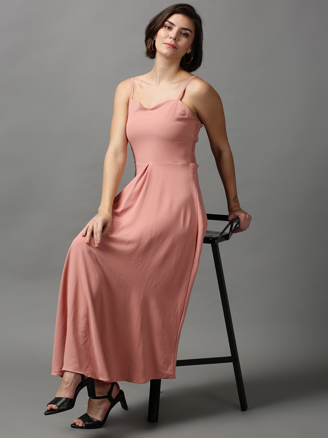 Women's Peach Solid A-Line Maxi Dress