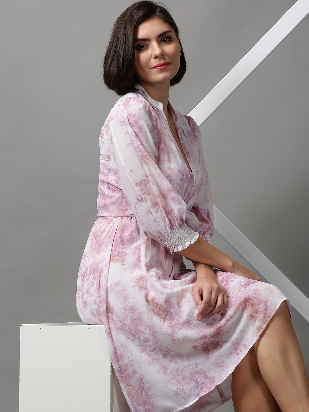 Women's White Floral V-Neck A-Line Dress