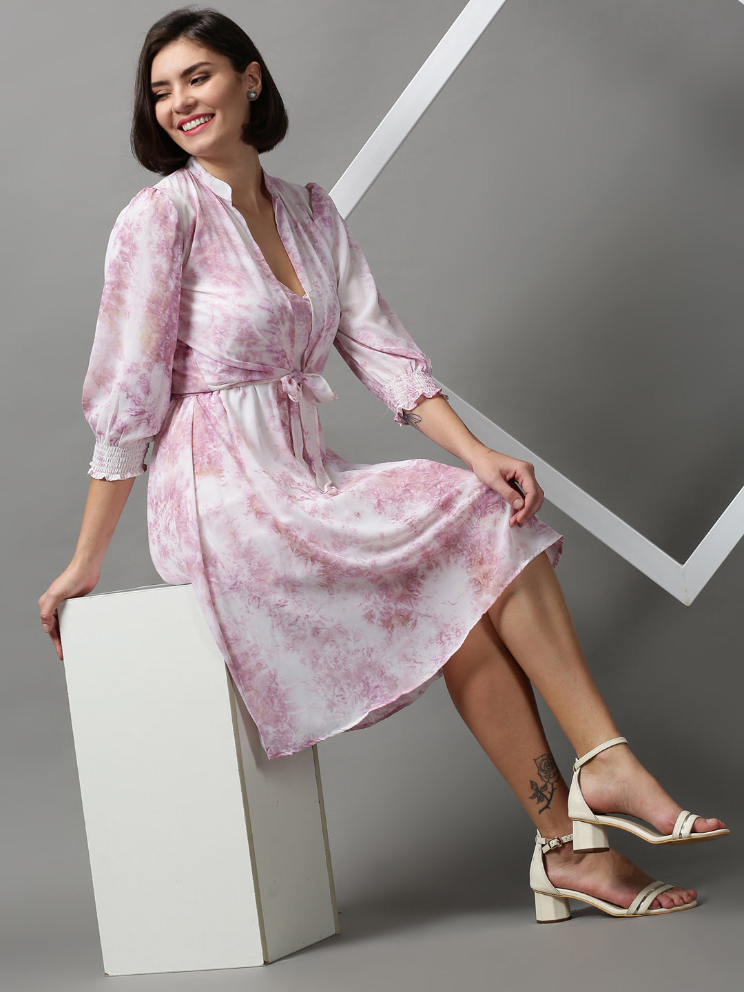 Women's White Floral V-Neck A-Line Dress