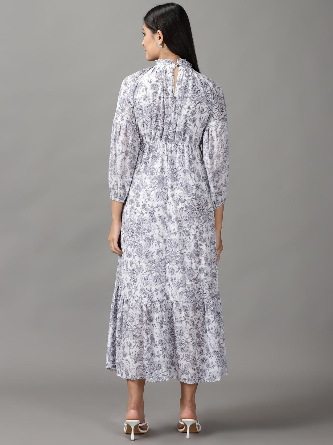 Women's White Floral Printed Fit and Flare Dress
