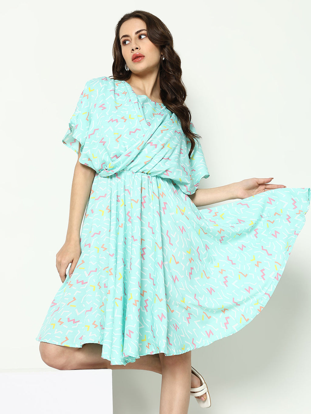 Women's Sea Green Printed Georgette Fit & Flare Dress