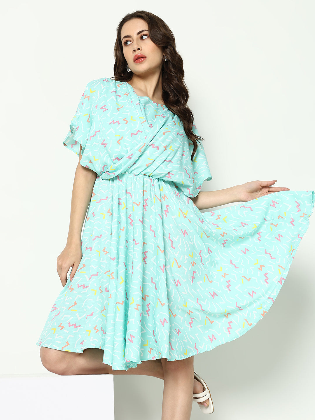 Women's Sea Green Printed Georgette Fit & Flare Dress