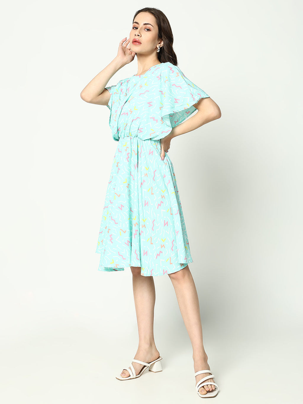 Women's Sea Green Printed Georgette Fit & Flare Dress