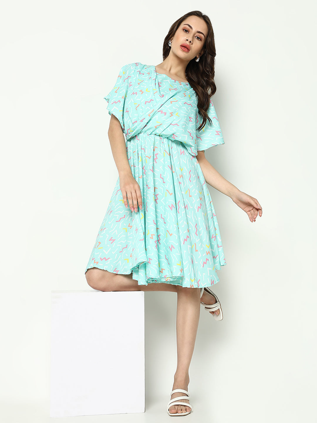 Women's Sea Green Printed Georgette Fit & Flare Dress