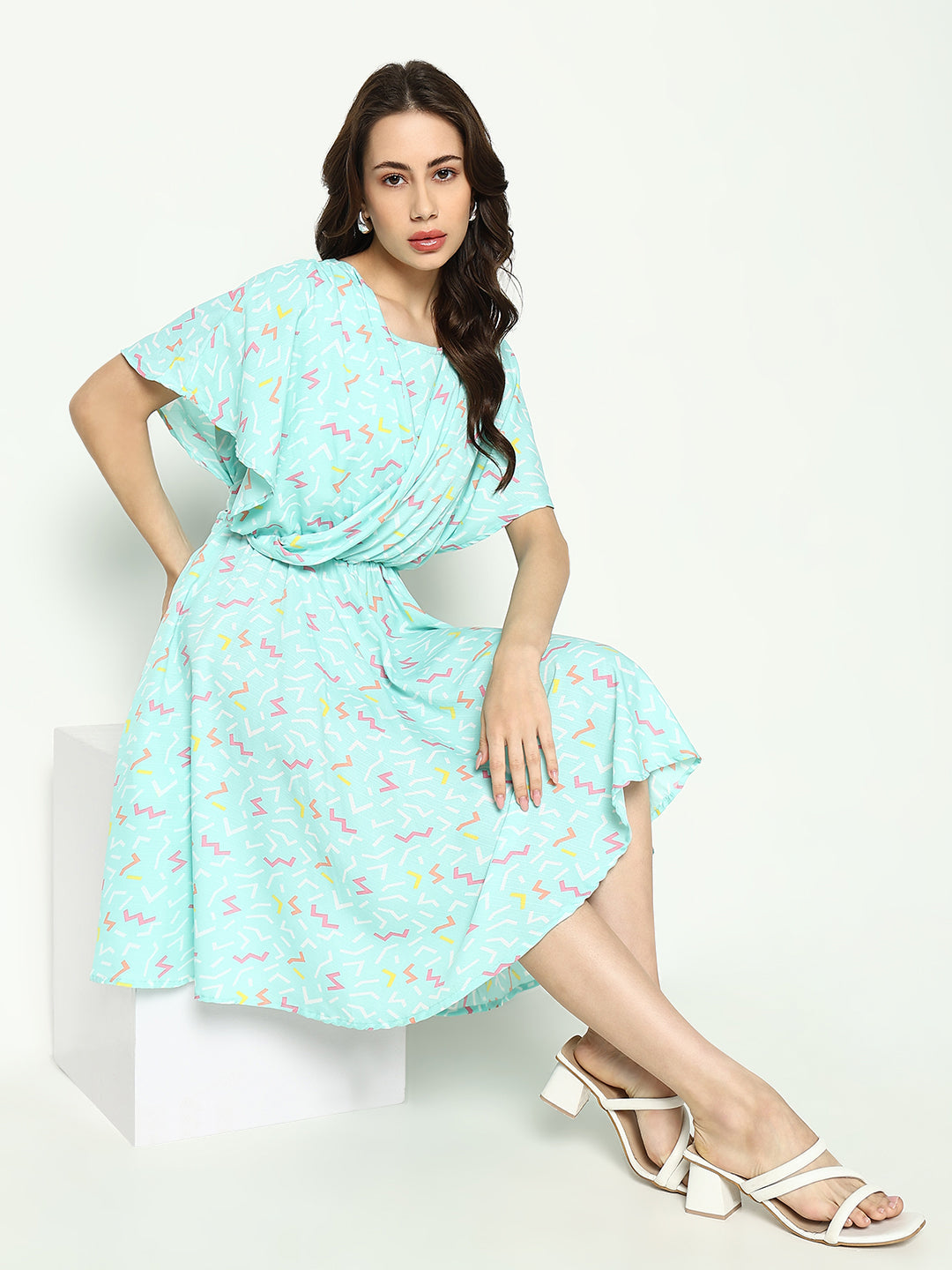 Women's Sea Green Printed Georgette Fit & Flare Dress