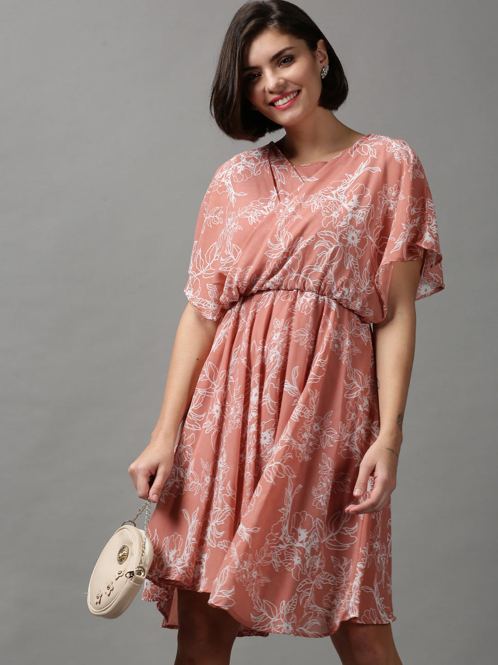 Women's Peach Floral Printed Georgette Wrap Dress