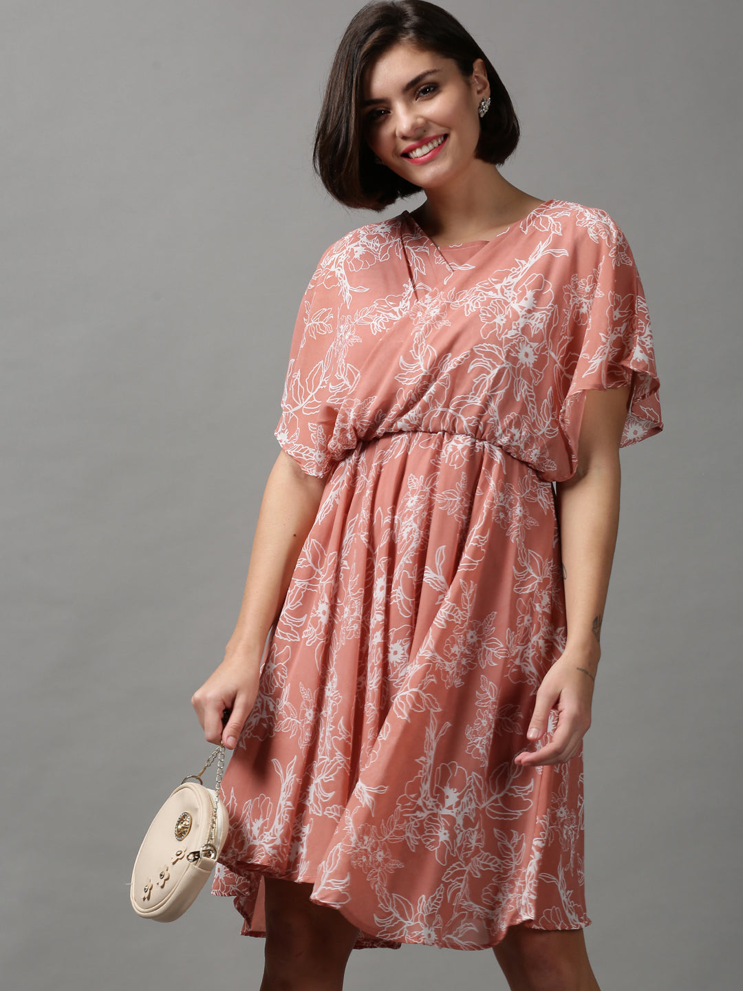 Women's Peach Floral Printed Georgette Wrap Dress