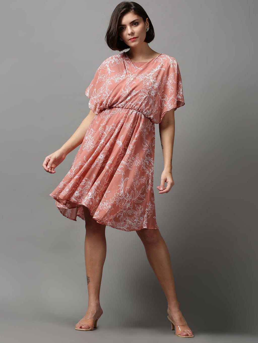 Women's Peach Floral Printed Georgette Wrap Dress