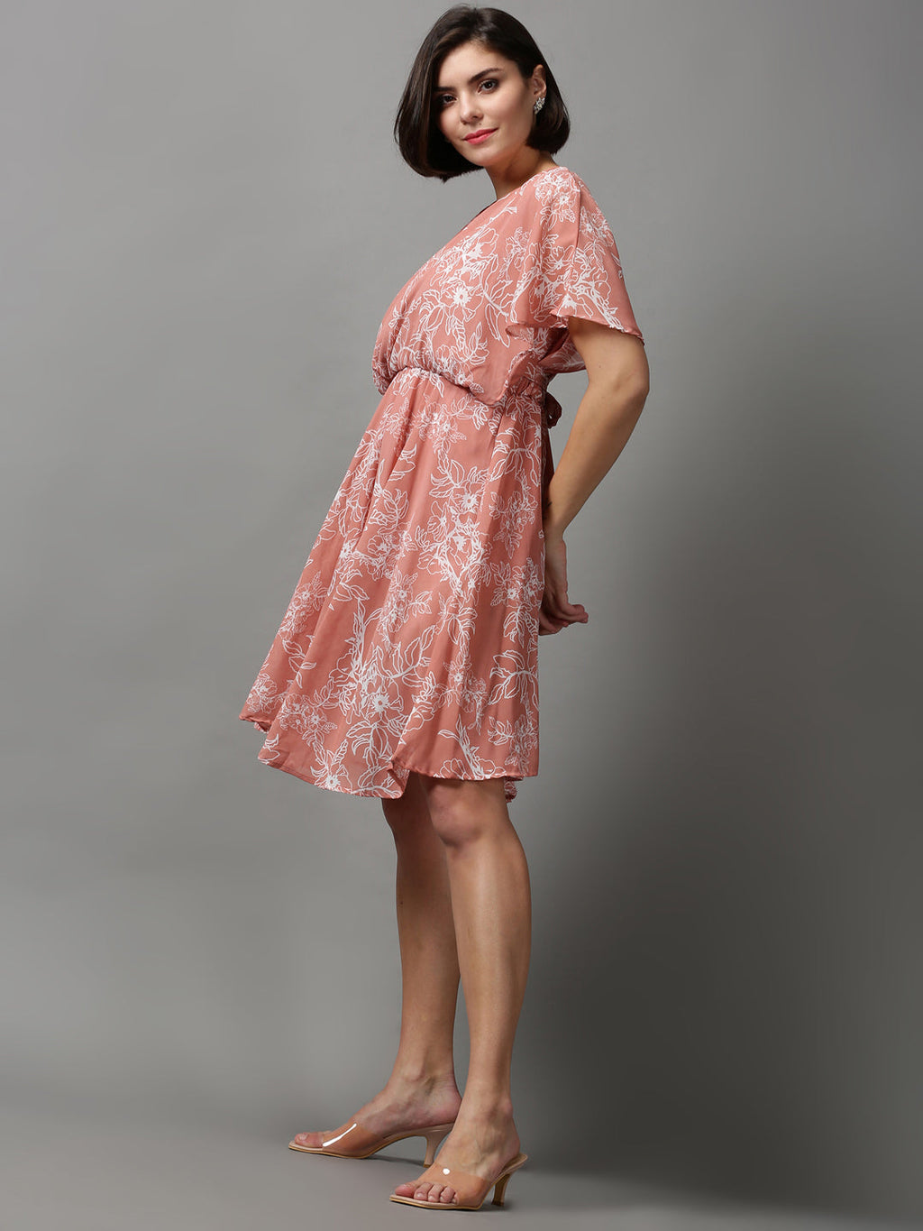 Women's Peach Floral Printed Georgette Wrap Dress