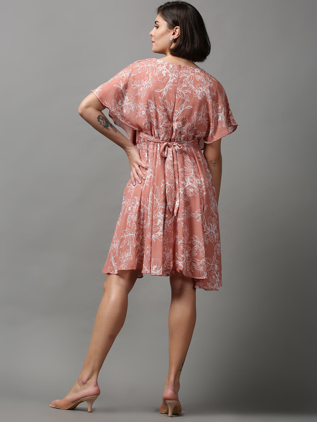 Women's Peach Floral Printed Georgette Wrap Dress