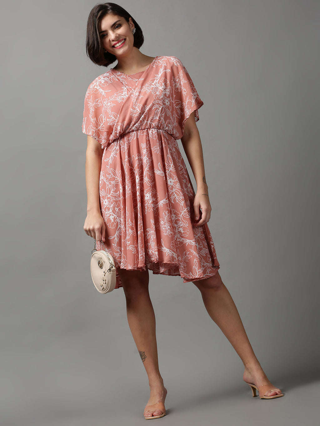 Women's Peach Floral Printed Georgette Wrap Dress
