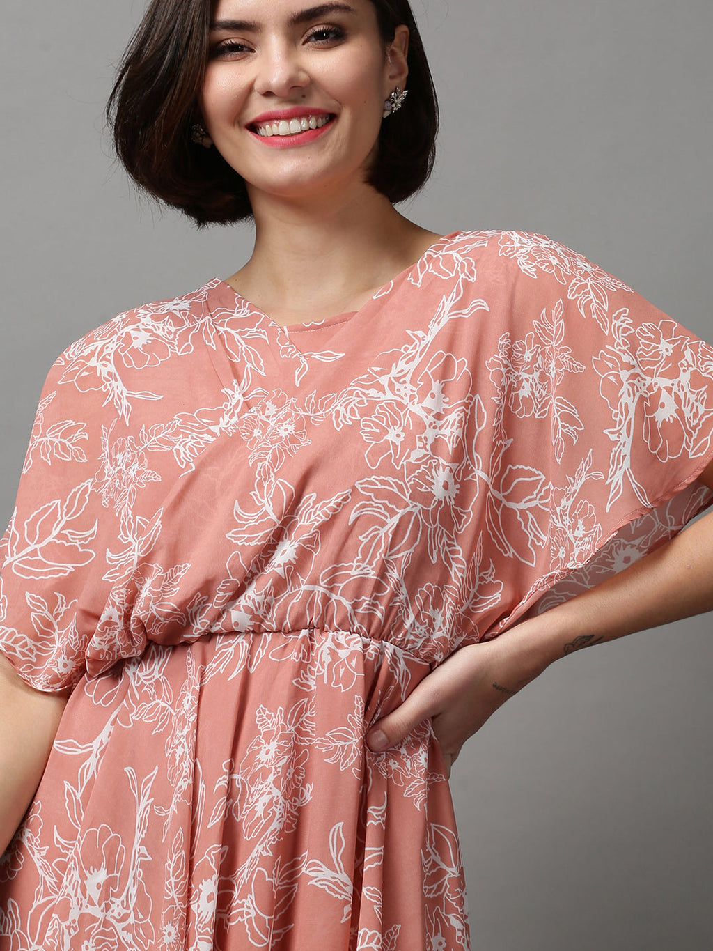 Women's Peach Floral Printed Georgette Wrap Dress