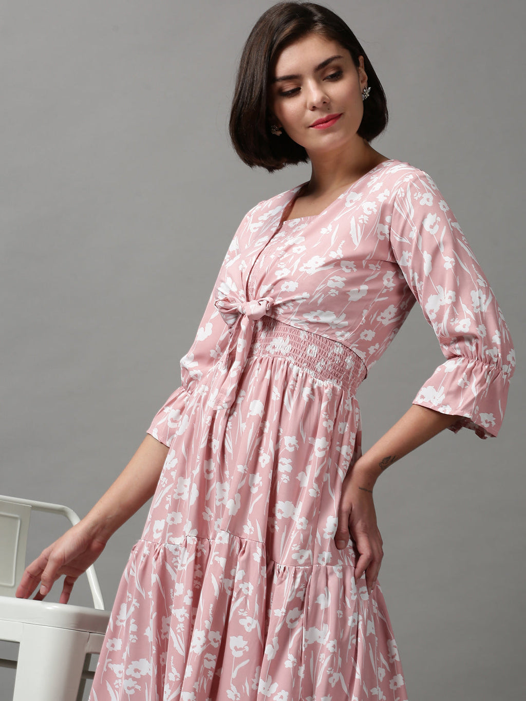 Women's Pink Floral Printed Tiered Midi Dress