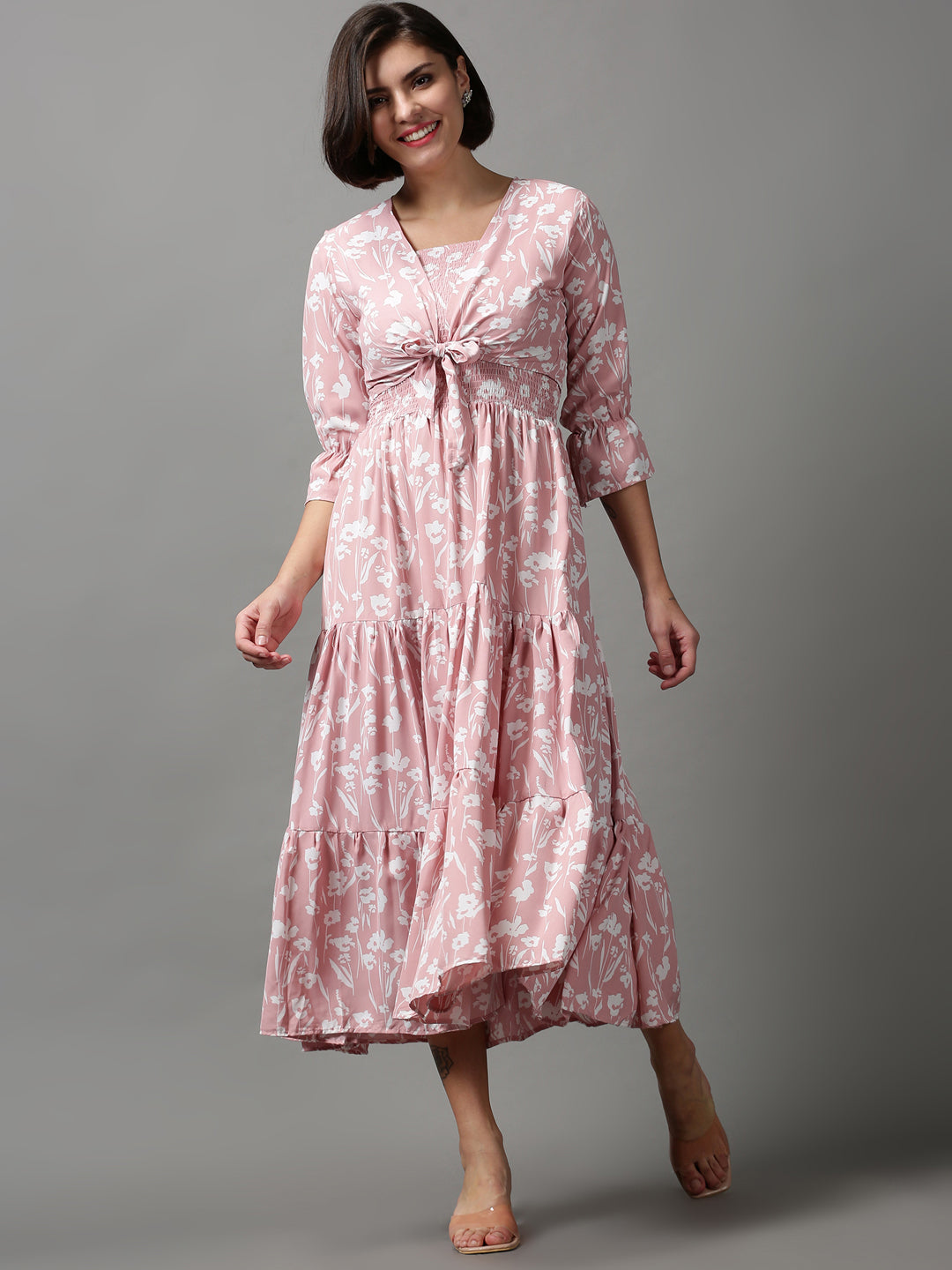 Women's Pink Floral Printed Tiered Midi Dress