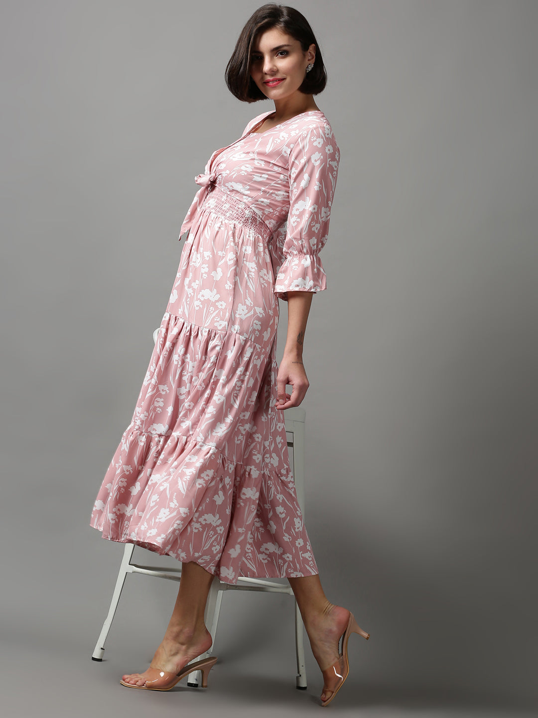 Women's Pink Floral Printed Tiered Midi Dress