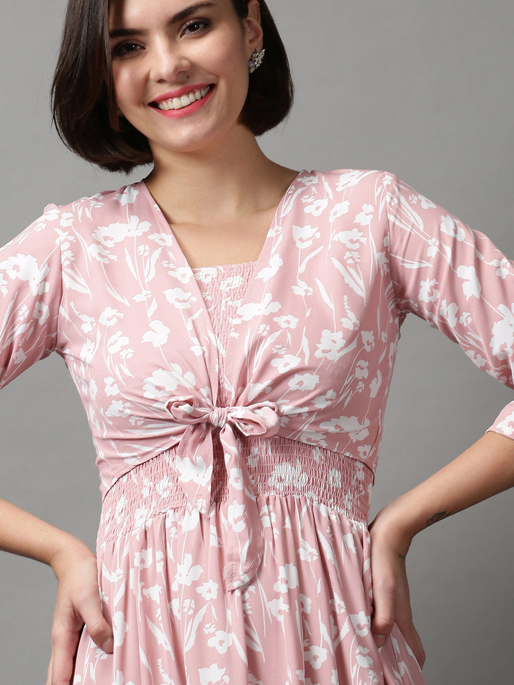 Women's Pink Floral Printed Tiered Midi Dress