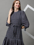 Women's Navy Blue Floral Crepe A-Line Midi Dress