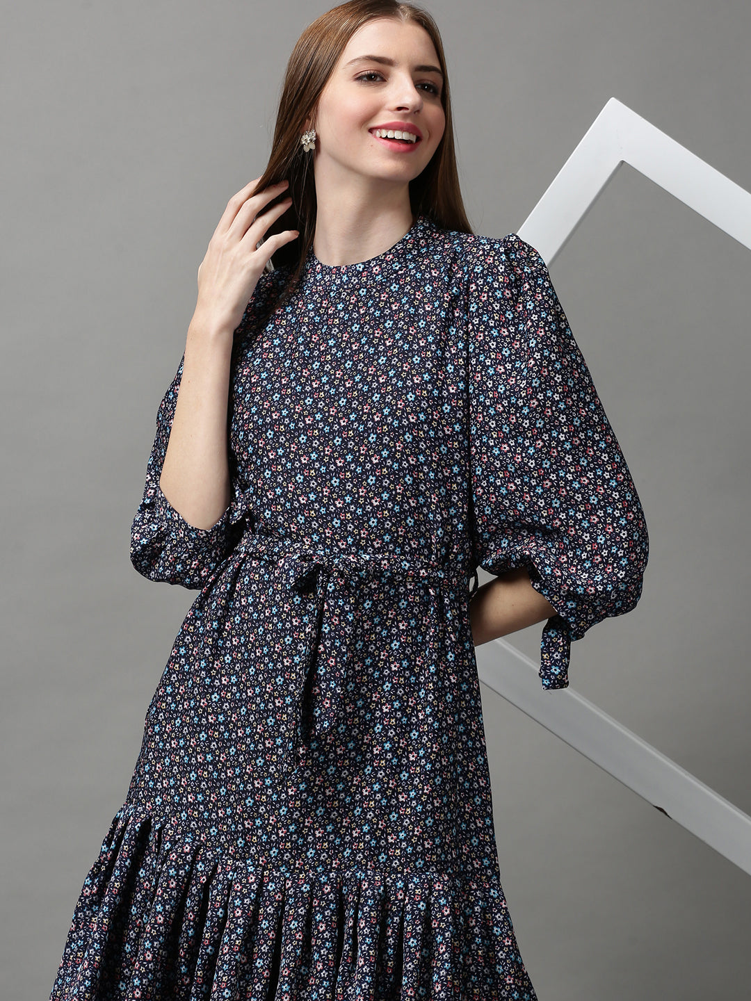 Women's Navy Blue Floral Crepe A-Line Midi Dress