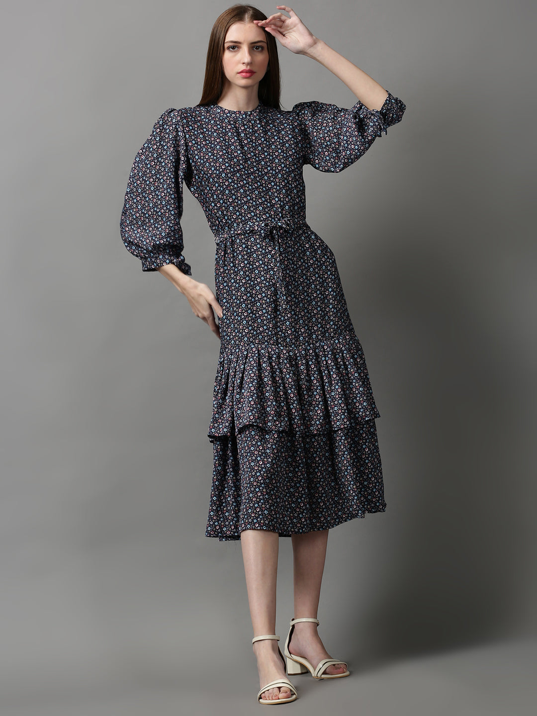 Women's Navy Blue Floral Crepe A-Line Midi Dress