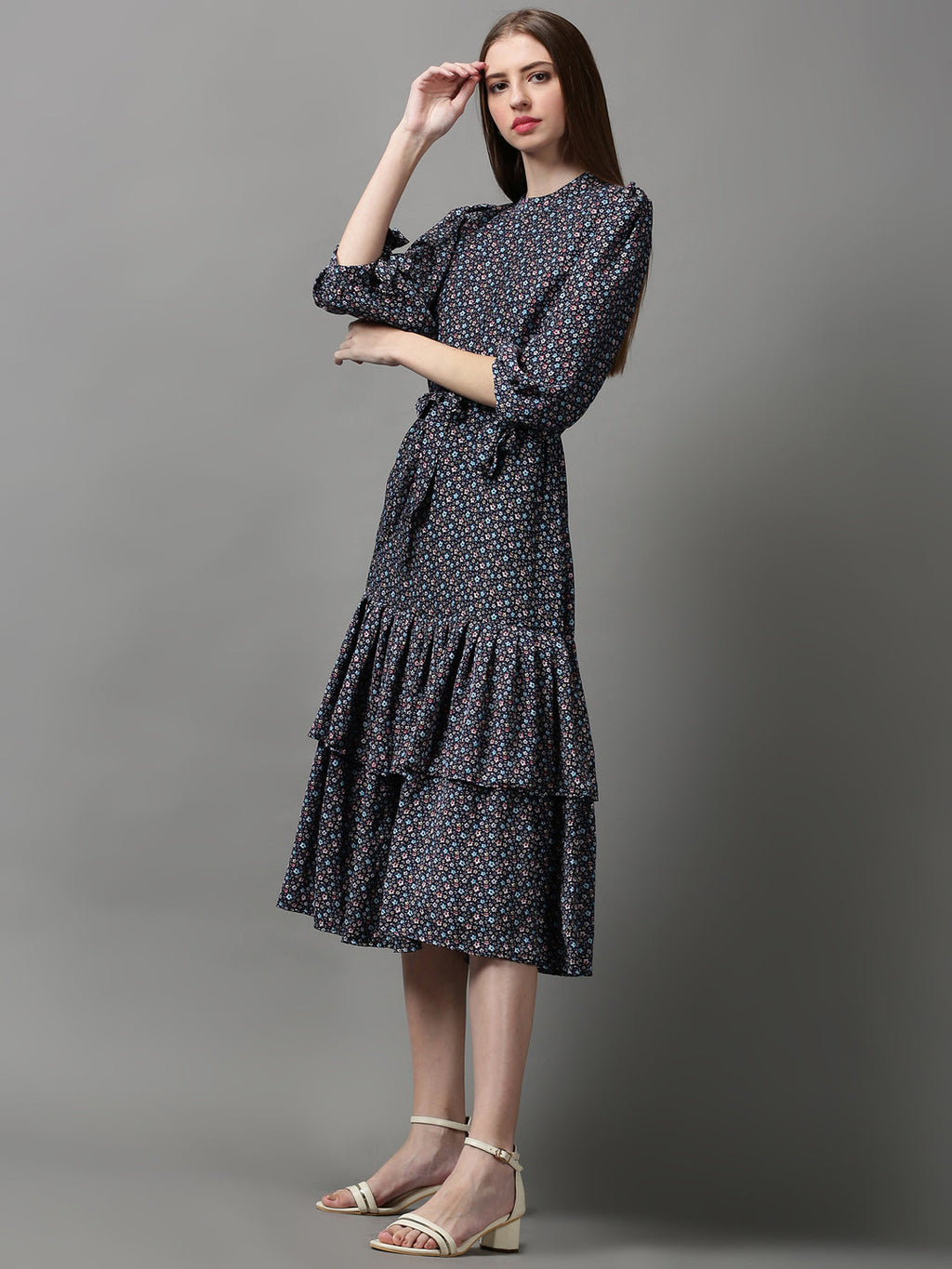 Women's Navy Blue Floral Crepe A-Line Midi Dress