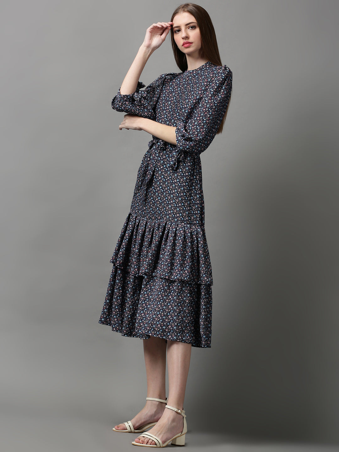 Women's Navy Blue Floral Crepe A-Line Midi Dress