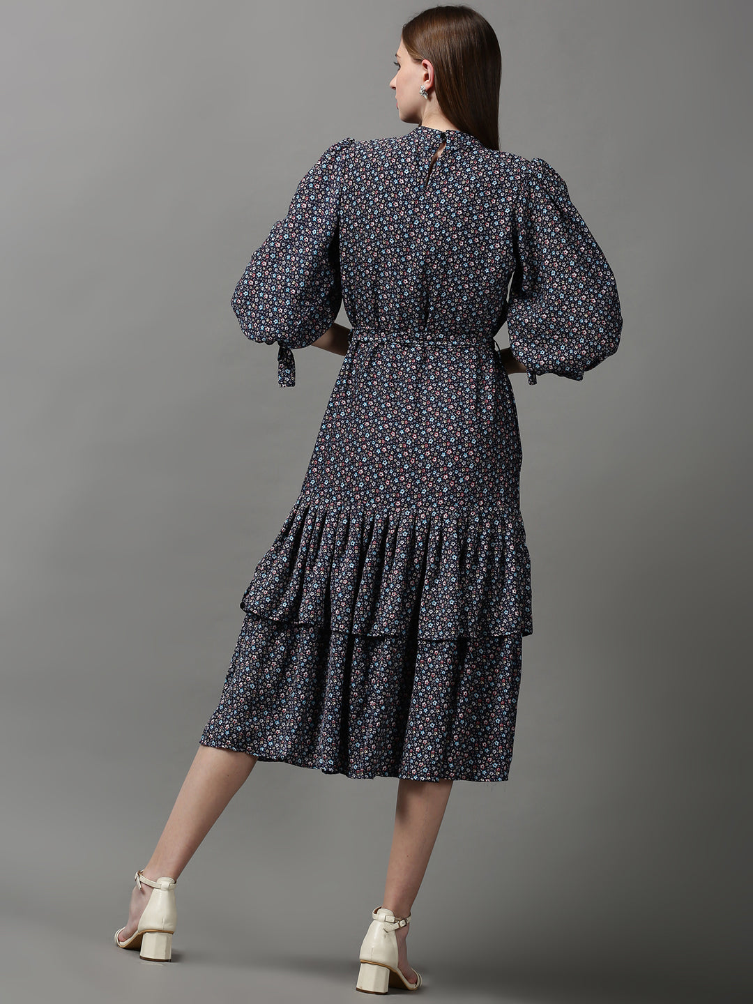 Women's Navy Blue Floral Crepe A-Line Midi Dress