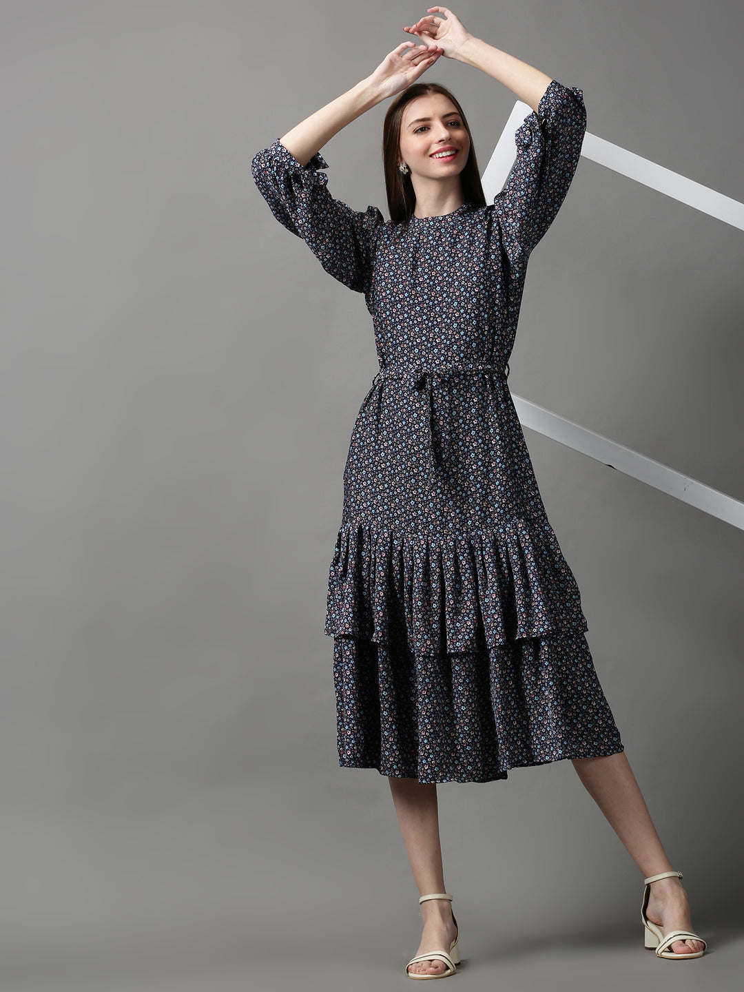 Women's Navy Blue Floral Crepe A-Line Midi Dress