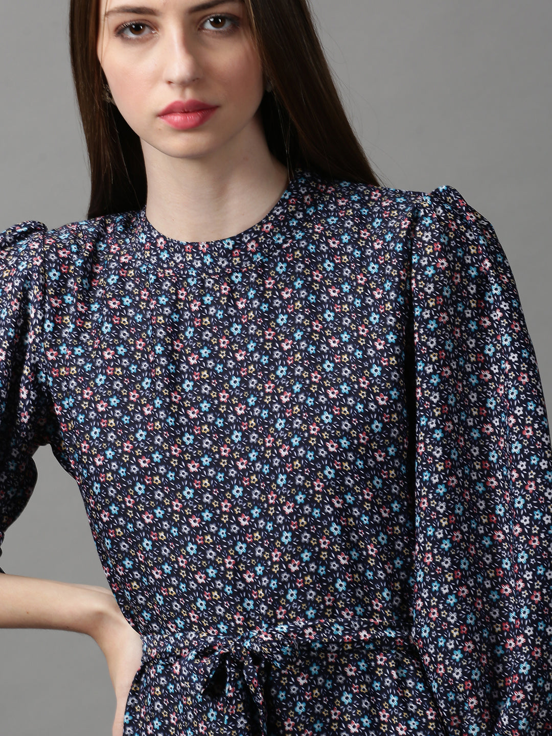 Women's Navy Blue Floral Crepe A-Line Midi Dress