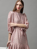 Women's Pink Floral Crepe A-Line Midi Dress