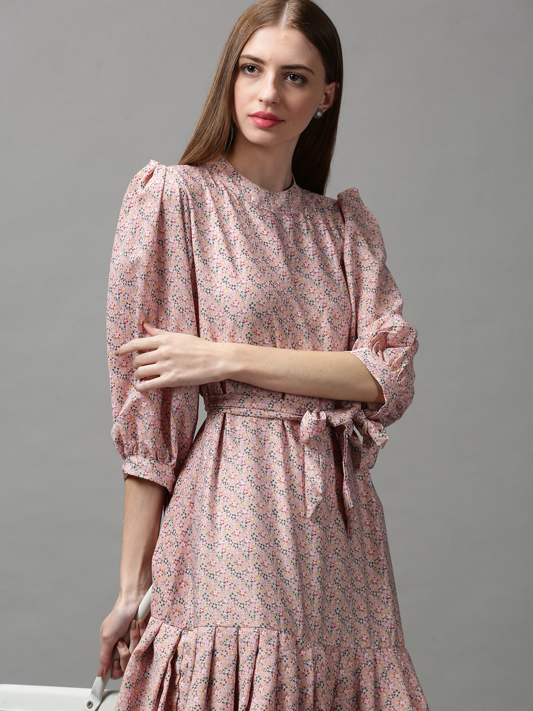 Women's Pink Floral Crepe A-Line Midi Dress