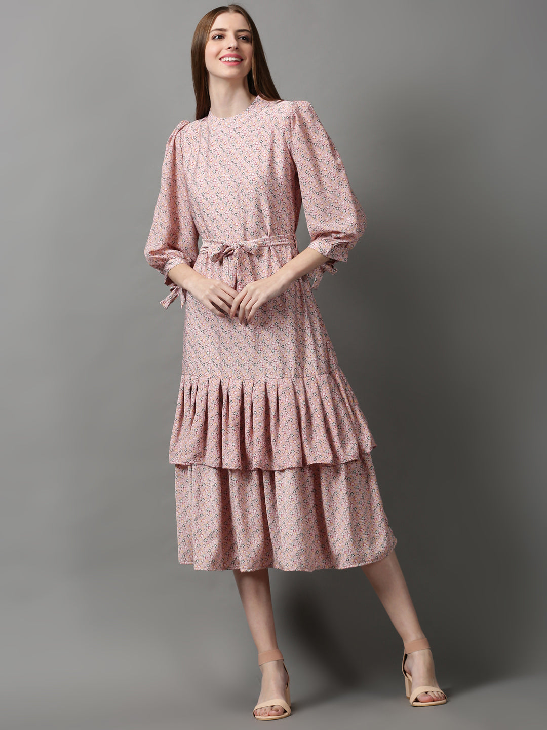 Women's Pink Floral Crepe A-Line Midi Dress