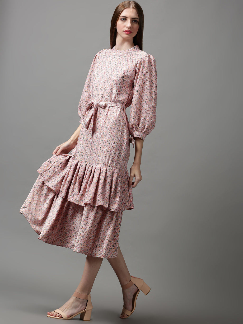 Women's Pink Floral Crepe A-Line Midi Dress