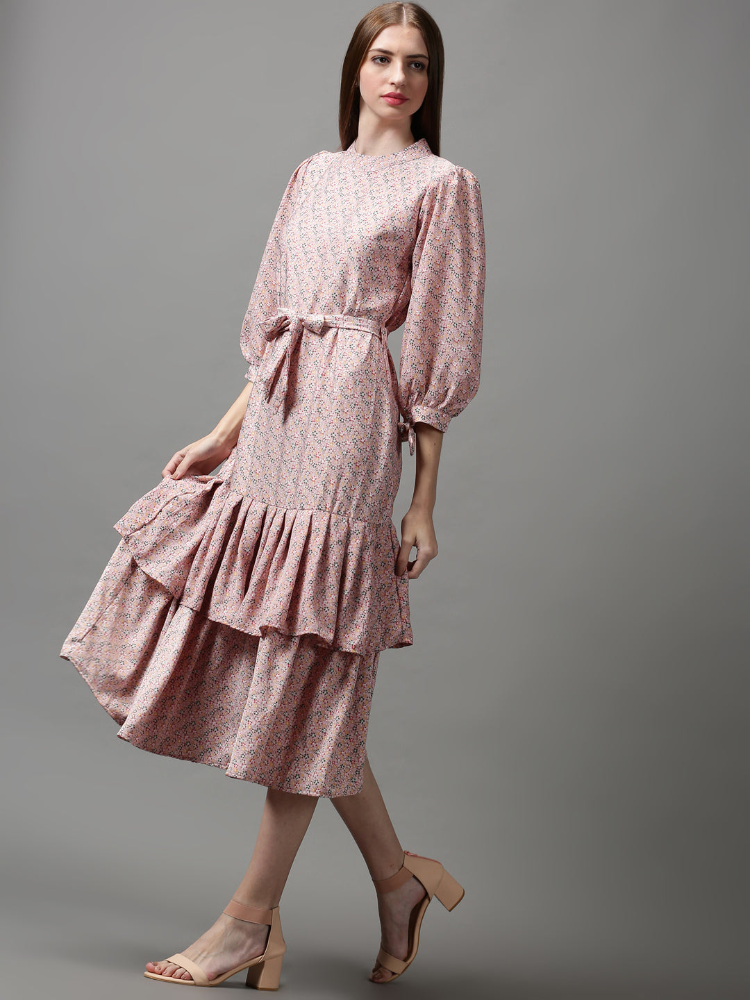 Women's Pink Floral Crepe A-Line Midi Dress