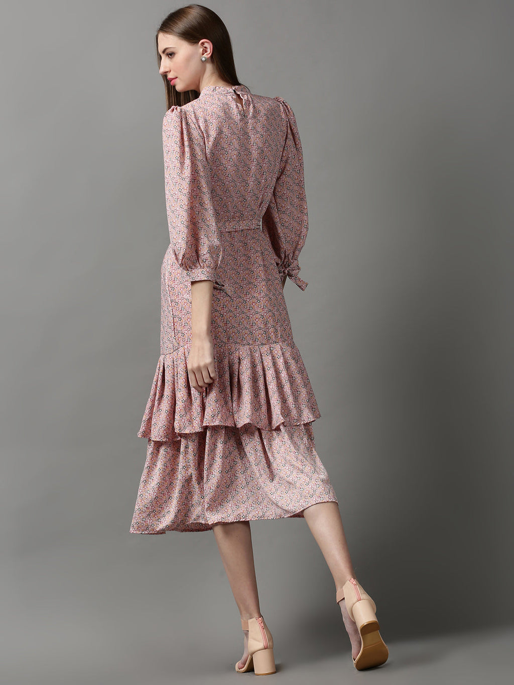 Women's Pink Floral Crepe A-Line Midi Dress
