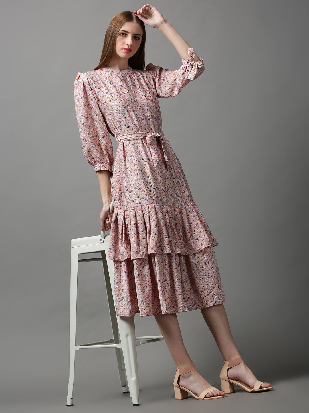Women's Pink Floral Crepe A-Line Midi Dress