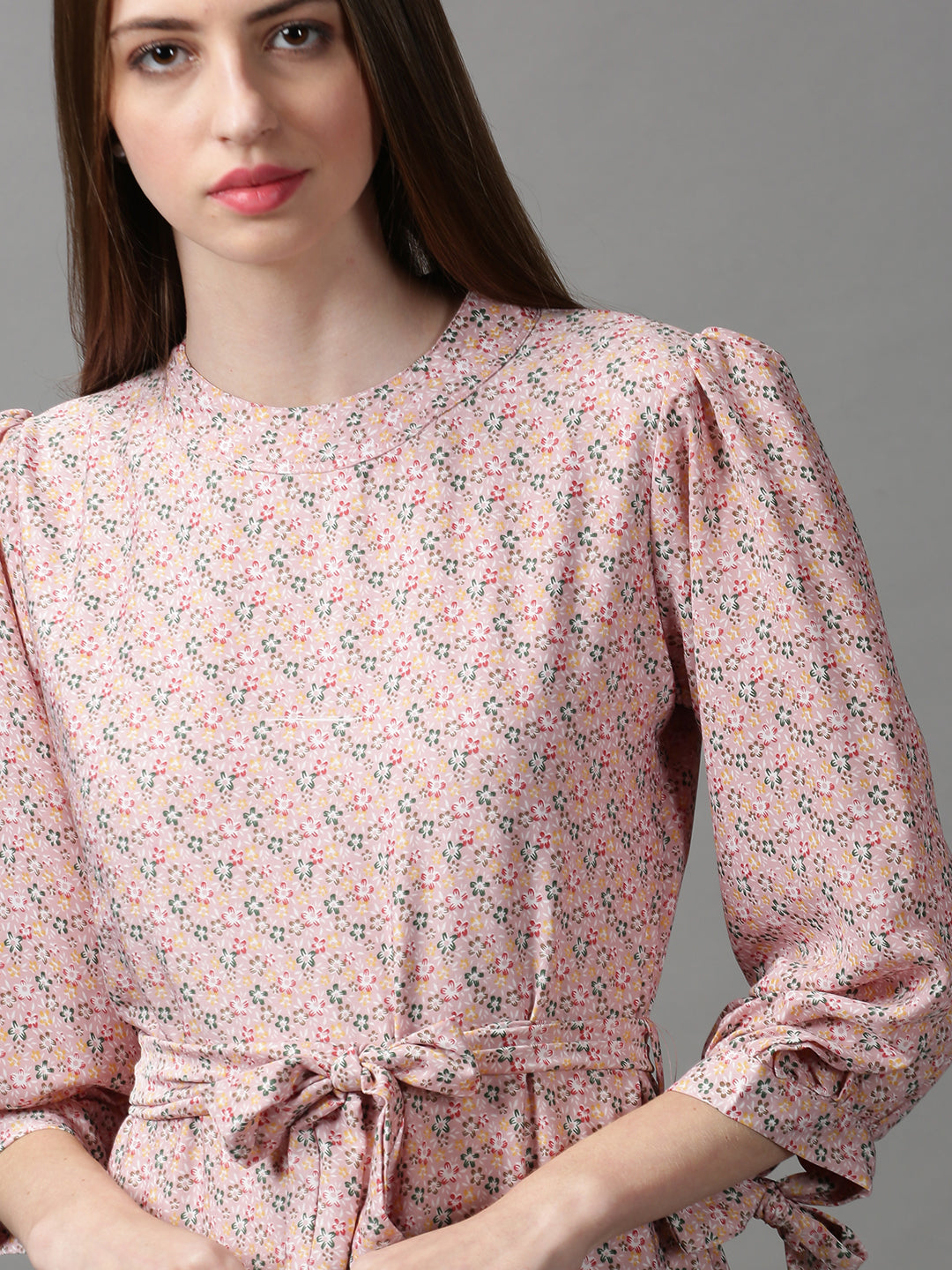 Women's Pink Floral Crepe A-Line Midi Dress