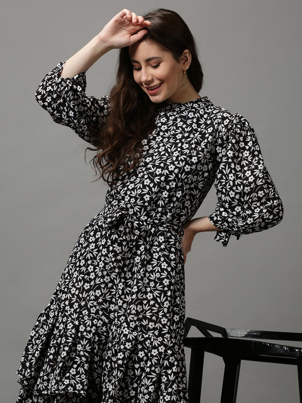 Women's Black Floral A-Line Midi Dress