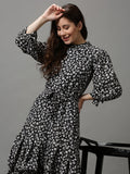Women's Black Floral A-Line Midi Dress