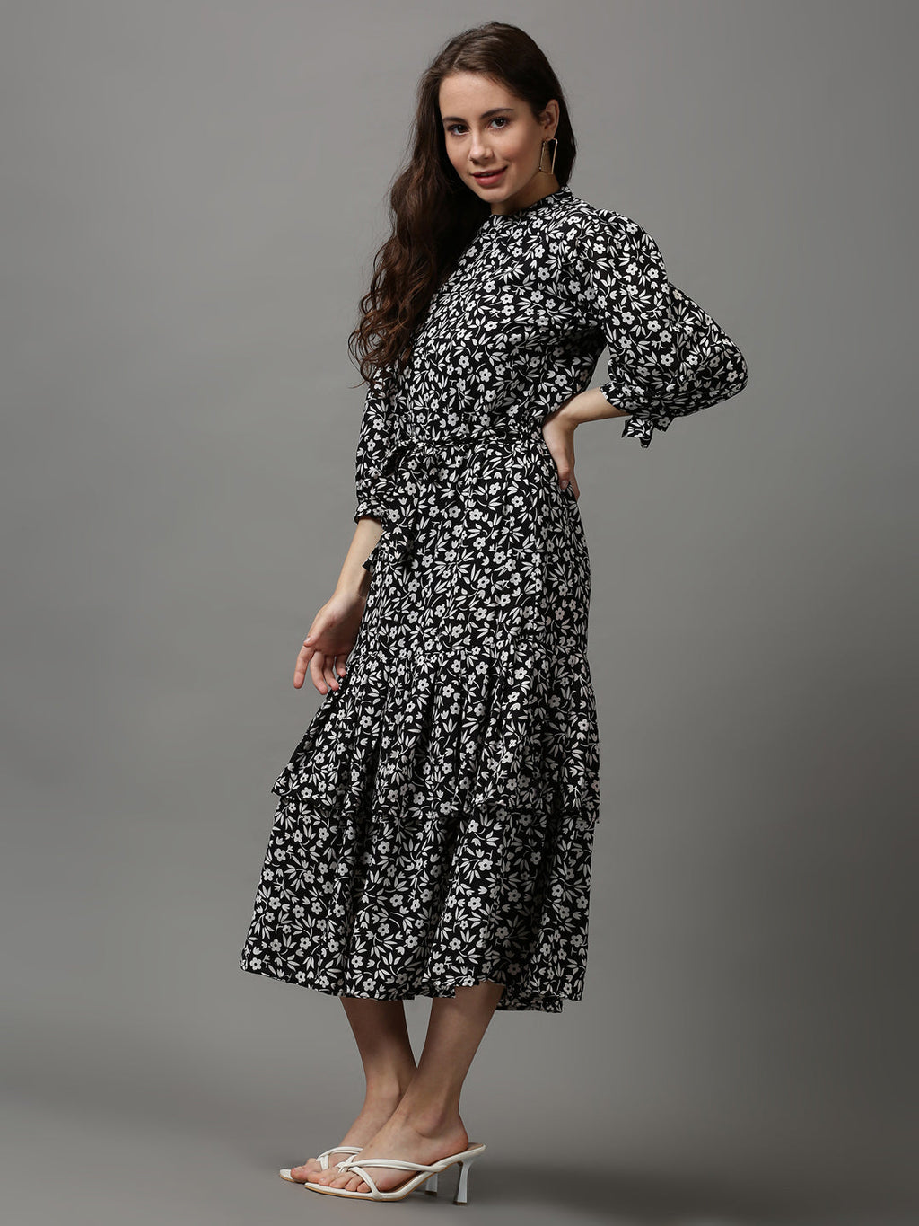 Women's Black Floral A-Line Midi Dress