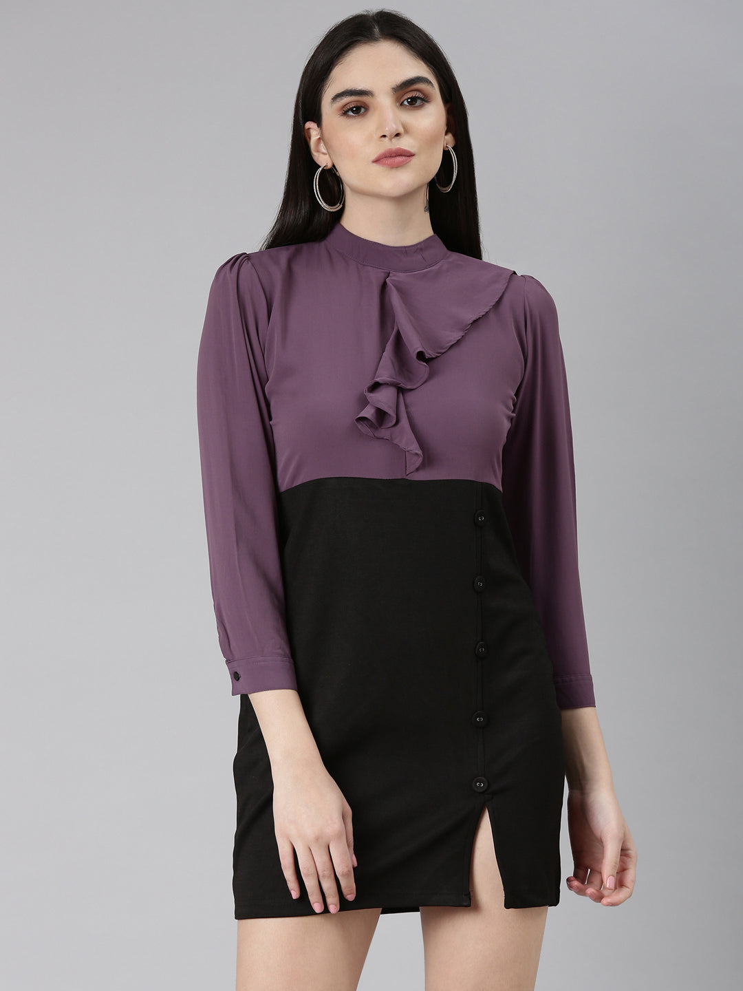 Women's Purple Ruffled Crepe A-Line Dress