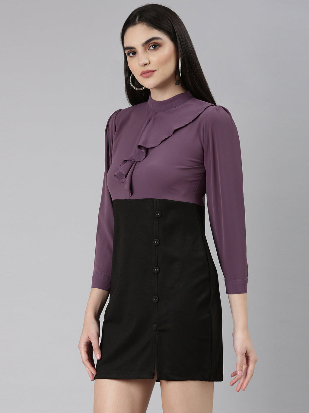 Women's Purple Ruffled Crepe A-Line Dress