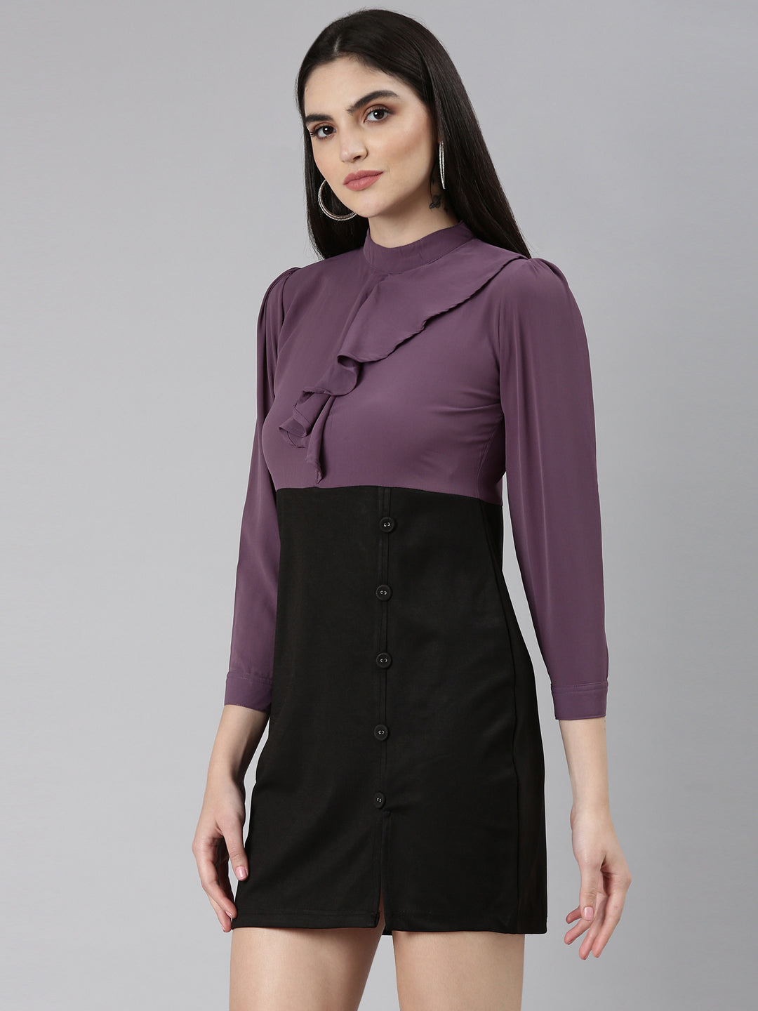 Women's Purple Ruffled Crepe A-Line Dress