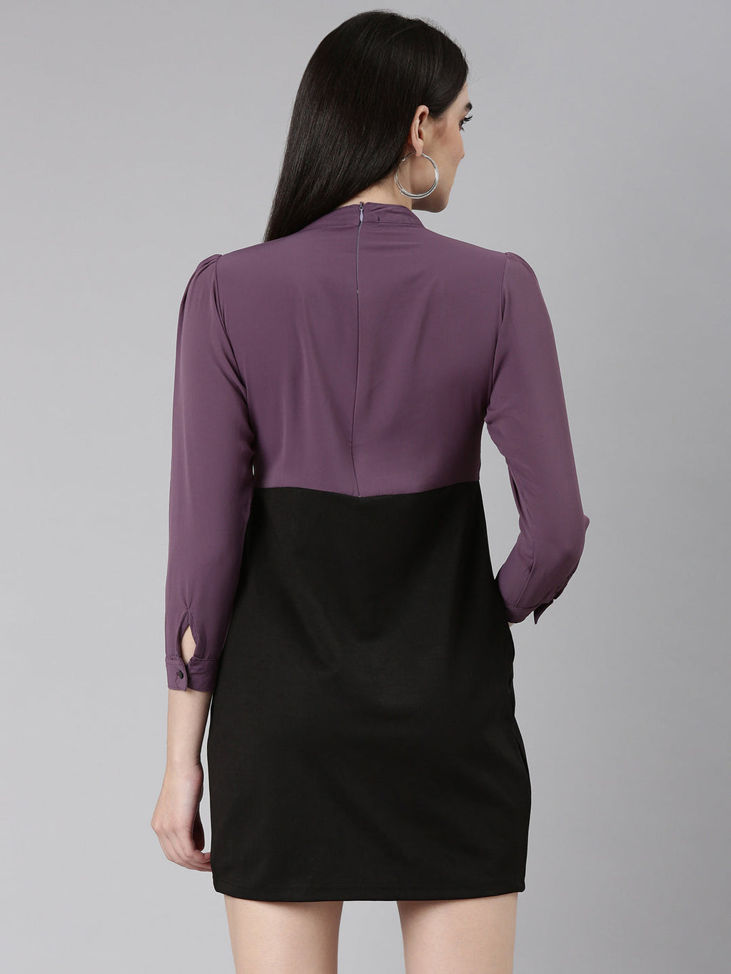 Women's Purple Ruffled Crepe A-Line Dress