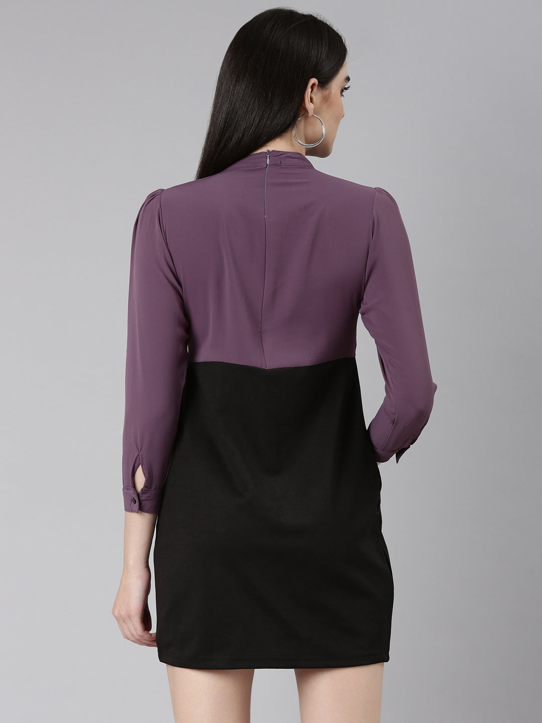 Women's Purple Ruffled Crepe A-Line Dress