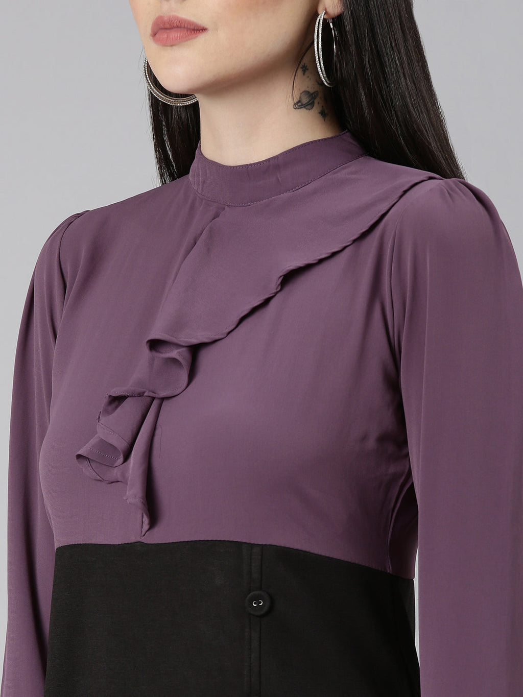 Women's Purple Ruffled Crepe A-Line Dress