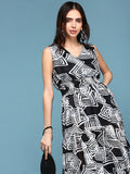 Women's Black Floral Chiffon A-Line Midi Dress